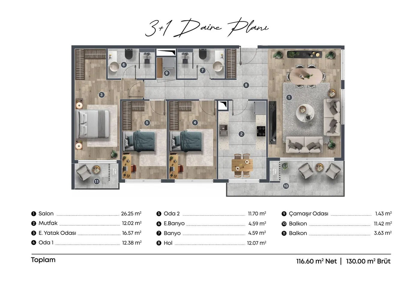3+1 daire kat planı